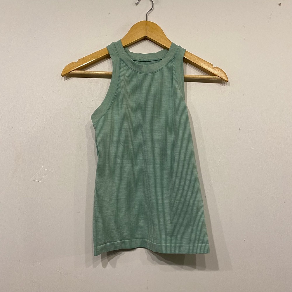 Sage Green Ribbed High Neck Racerback Tank Top Medium Seamless Knit Sleeveless